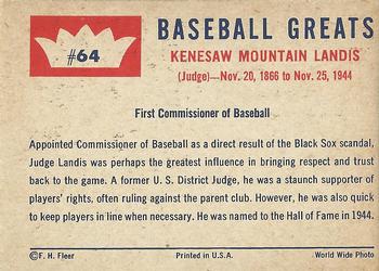 1960 Fleer Baseball Greats #64 Kenesaw Landis Back