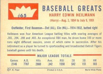 1960 Fleer Baseball Greats #65 Harry Heilmann Back