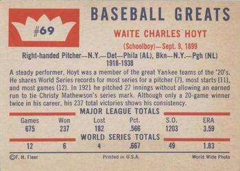 1960 Fleer Baseball Greats #69 Waite Hoyt Back