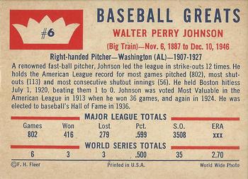 1960 Fleer Baseball Greats #6 Walter Johnson Back
