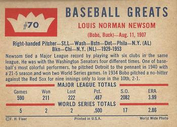1960 Fleer Baseball Greats #70 Bobo Newsom Back