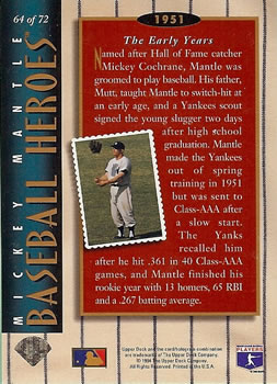 1994 Upper Deck - Baseball Heroes: Mickey Mantle #64 Mickey Mantle  Back