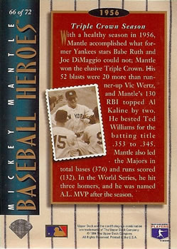 1994 Upper Deck - Baseball Heroes: Mickey Mantle #66 Mickey Mantle  Back