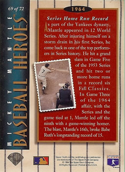 1994 Upper Deck - Baseball Heroes: Mickey Mantle #69 Mickey Mantle  Back
