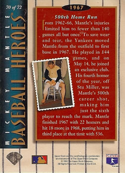 1994 Upper Deck - Baseball Heroes: Mickey Mantle #70 Mickey Mantle  Back