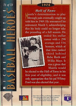 1994 Upper Deck - Baseball Heroes: Mickey Mantle #71 Mickey Mantle  Back