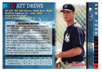 1995 Bowman #21 Matt Drews Back