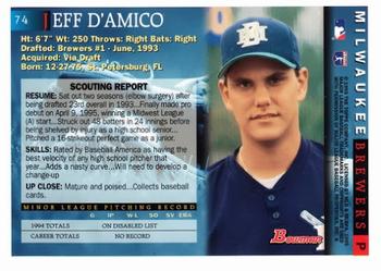 1995 Bowman #74 Jeff D'Amico Back