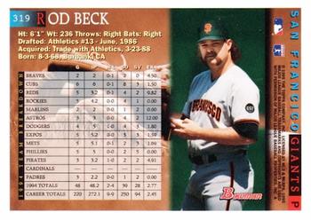 1995 Bowman #319 Rod Beck Back