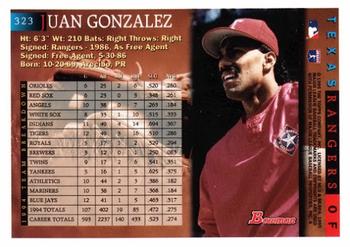 1995 Bowman #323 Juan Gonzalez Back
