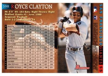 1995 Bowman #398 Royce Clayton Back