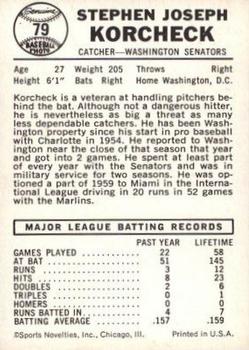1960 Leaf #79 Steve Korcheck Back