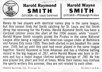 1960 Leaf #94 Baseball's Two Hal Smiths (Hal R. Smith / Hal W. Smith) Back
