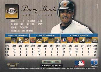 1995 Select Certified #1 Barry Bonds Back