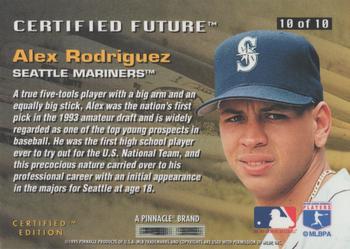 1995 Select Certified - Certified Future #10 Alex Rodriguez Back