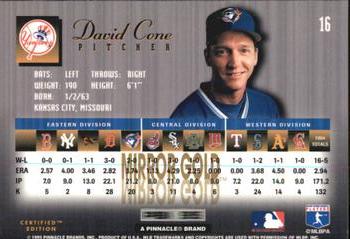 1995 Select Certified - Mirror Gold #16 David Cone Back
