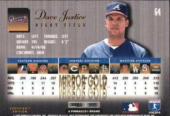 1995 Select Certified - Mirror Gold #64 Dave Justice Back