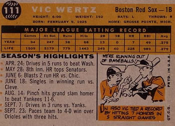 1960 Topps #111 Vic Wertz Back