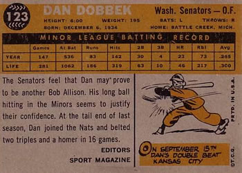 1960 Topps #123 Dan Dobbek Back