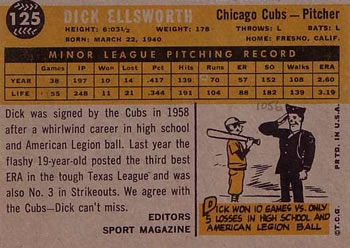 1960 Topps #125 Dick Ellsworth Back