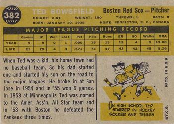 1960 Topps #382 Ted Bowsfield Back