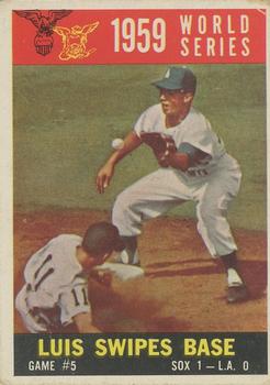 1960 Topps #389 1959 World Series Game #5 - Luis Swipes Base Front