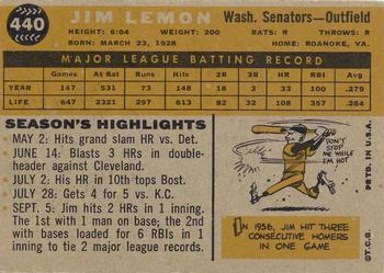 1960 Topps #440 Jim Lemon Back