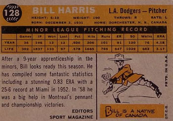 1960 Topps #128 Bill Harris Back