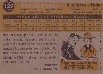 1960 Topps #129 Bob Hartman Back