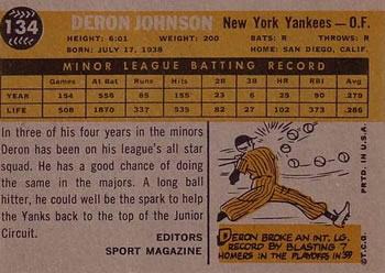 1960 Topps #134 Deron Johnson Back