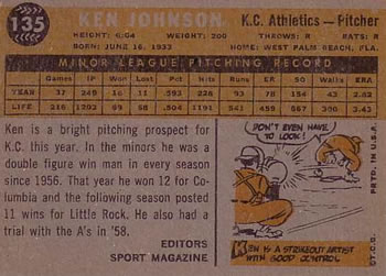 1960 Topps #135 Ken Johnson Back