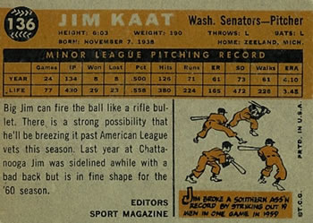 1960 Topps #136 Jim Kaat Back