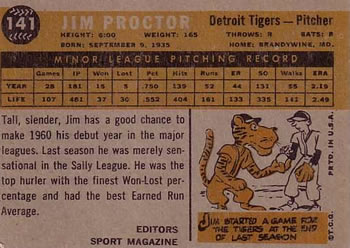 1960 Topps #141 Jim Proctor Back