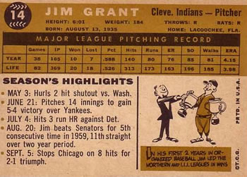 1960 Topps #14 Jim Grant Back