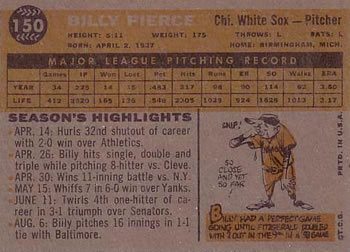 1960 Topps #150 Billy Pierce Back