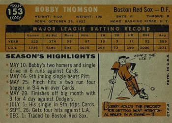 1960 Topps #153 Bobby Thomson Back