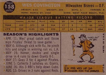 1960 Topps #158 Wes Covington Back