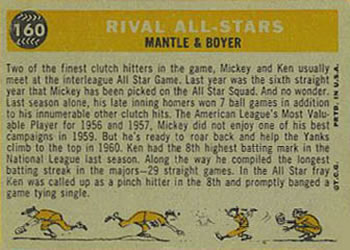 1960 Topps #160 Rival All Stars (Mickey Mantle / Ken Boyer) Back