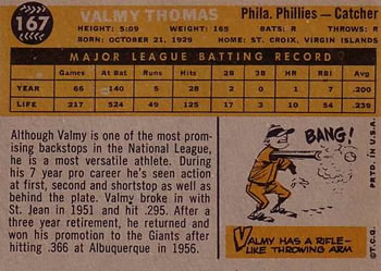1960 Topps #167 Valmy Thomas Back