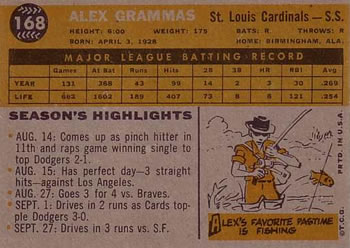 1960 Topps #168 Alex Grammas Back