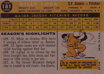 1960 Topps #181 Billy Loes Back