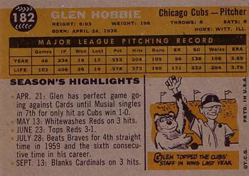 1960 Topps #182 Glen Hobbie Back