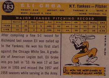1960 Topps #183 Eli Grba Back