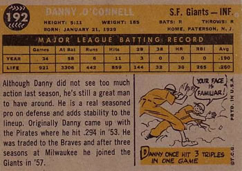 1960 Topps #192 Danny O'Connell Back