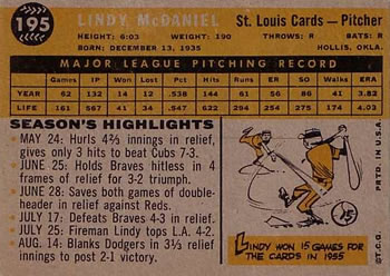 1960 Topps #195 Lindy McDaniel Back