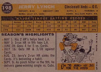 1960 Topps #198 Jerry Lynch Back