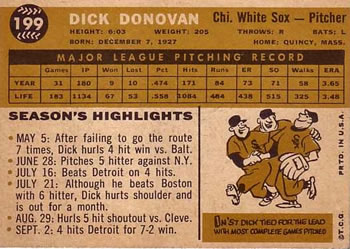 1960 Topps #199 Dick Donovan Back