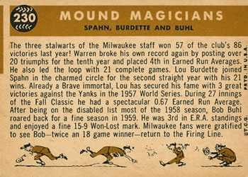 1960 Topps #230 Mound Magicians (Lew Burdette / Warren Spahn / Bob Buhl) Back
