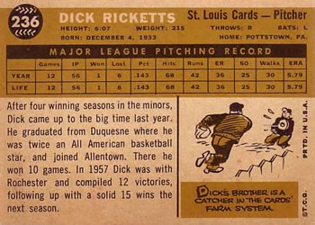 1960 Topps #236 Dick Ricketts Back