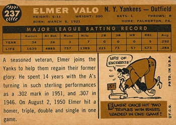 1960 Topps #237 Elmer Valo Back